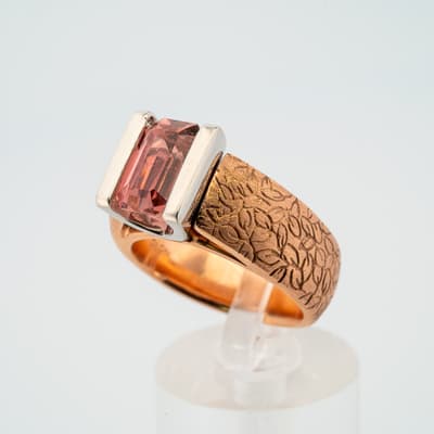 Standing view of the rose gold pink tourmaline ring