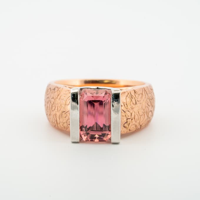 Front view of the rose gold pink tourmaline ring