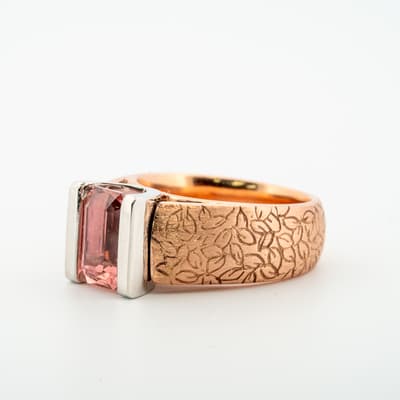 Side view of the rose gold pink tourmaline ring