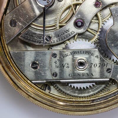 Inside of Patek Phillipe watch after a cleaning, oiling, and adjusting