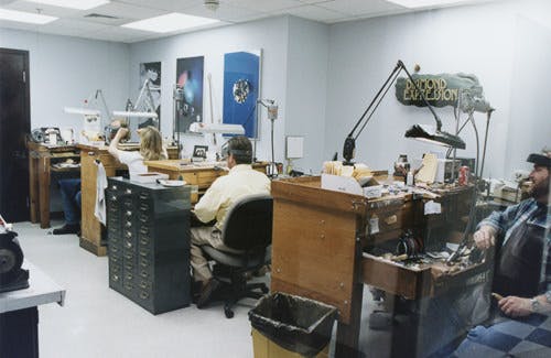 Jewelry shop of Diamond Expressions in the late 1980s featuring Tim Gwen, master jeweler