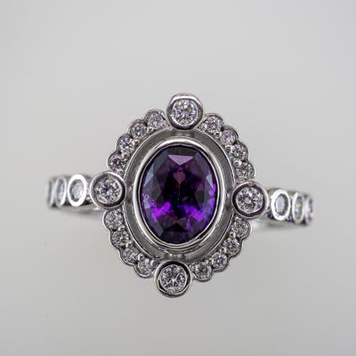 Purple Sapphire Halo Ring Top View Showing Diamond Halo