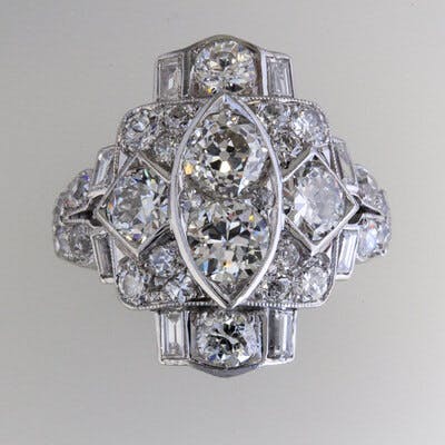 Platinum diamond antique ring top view