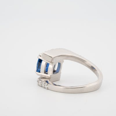 Underneath view of 3 carat cushion cut sapphire in platinum ring