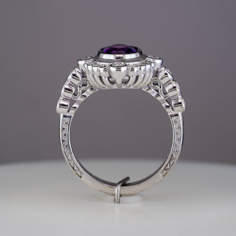 Purple Sapphire Halo Ring Side View Showing Engraving