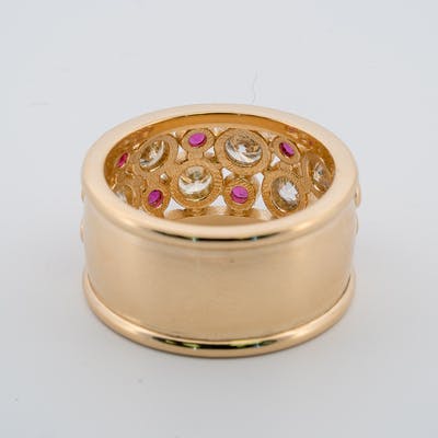 Round ruby and diamond wide band in yellow gold underside view