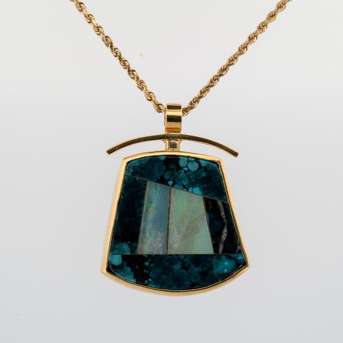 Front View of Pendant with black opal and turquoise in 18 karat