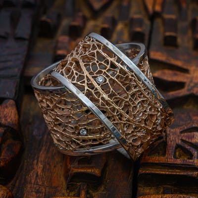 Narrow and wide bronze on silver cactus cuff bracelet