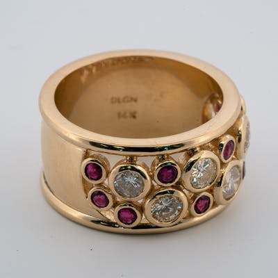 Round ruby and diamond wide band in yellow gold second side view