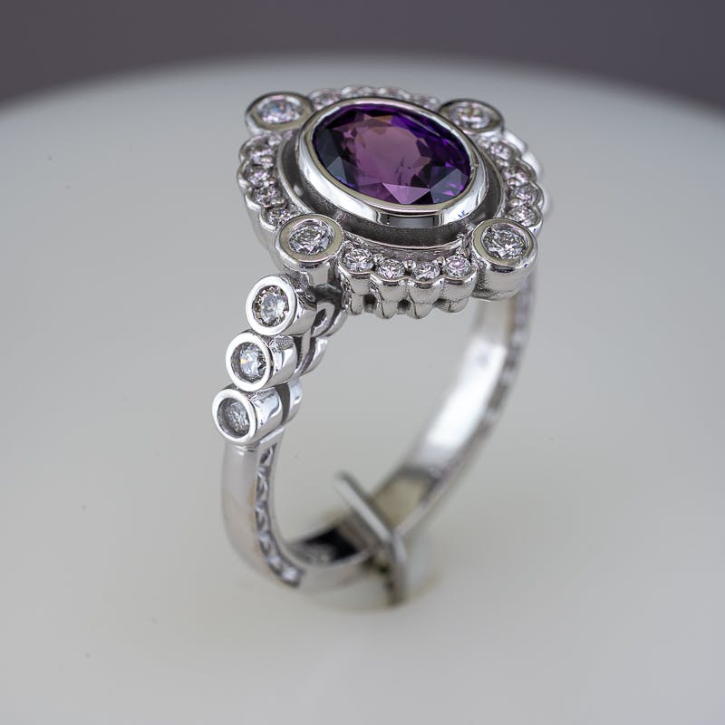 Purple Sapphire Halo Ring Side View Showing Diamonds Along The Shank