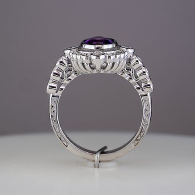 Purple Sapphire Halo Ring Side View Showing Engraving